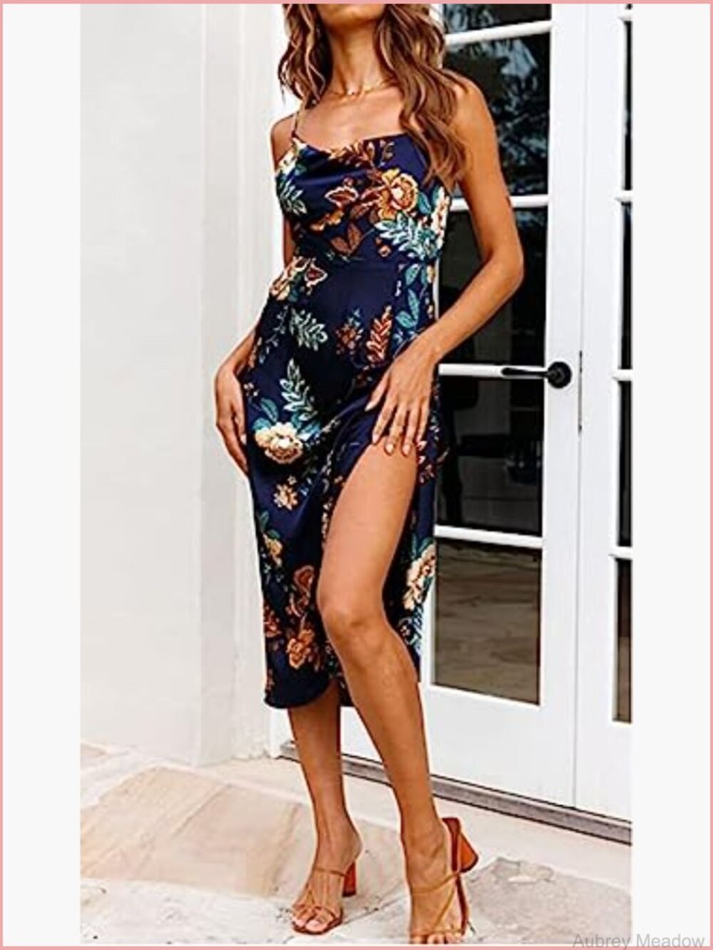 Cowl Neck Spaghetti Strap Slit Satin Midi Dress Backless Party Formal - Picture 3 of 4